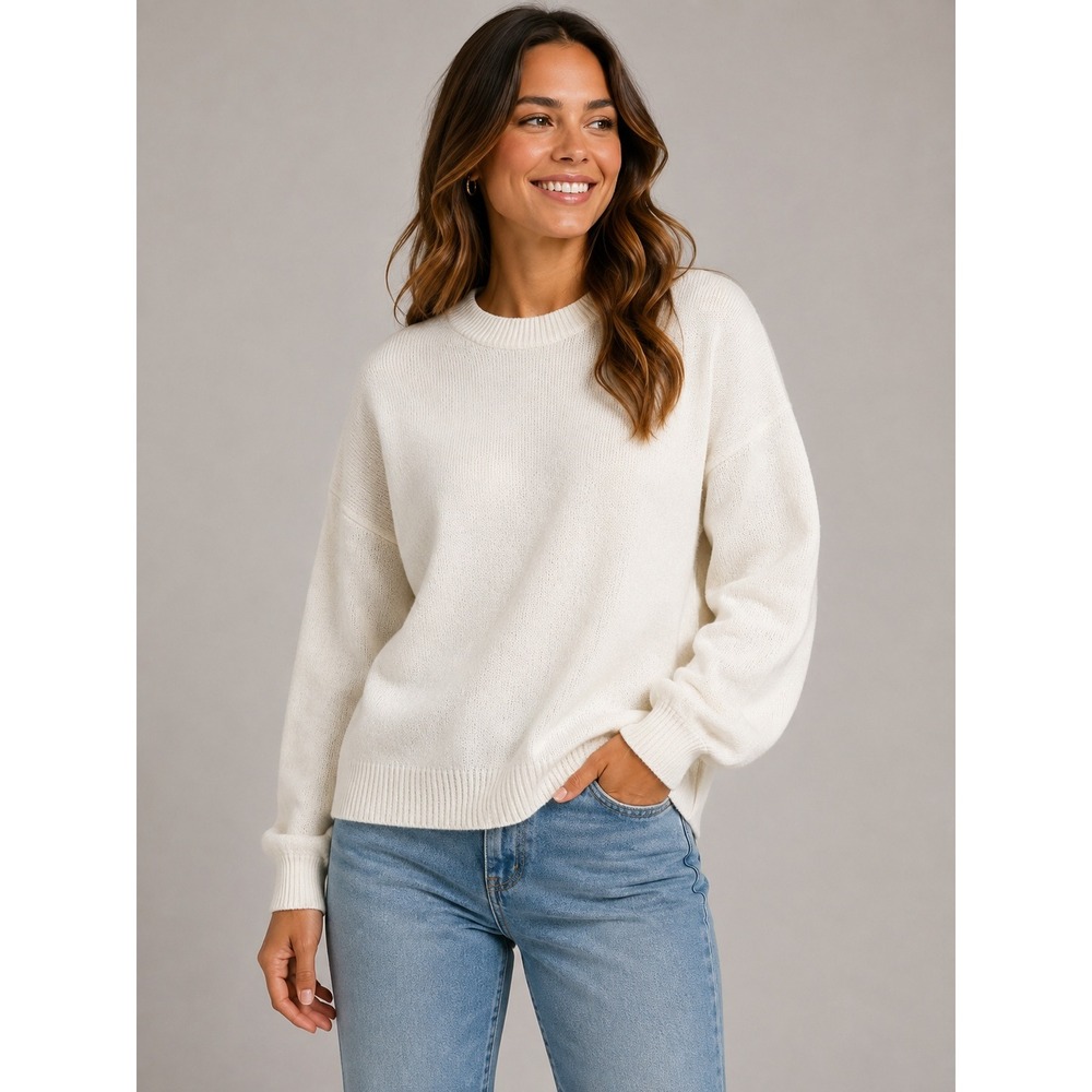 Stylus Womens Crew Neck Sweater Cream White Knit Long Sleeve Relaxed Fit Large